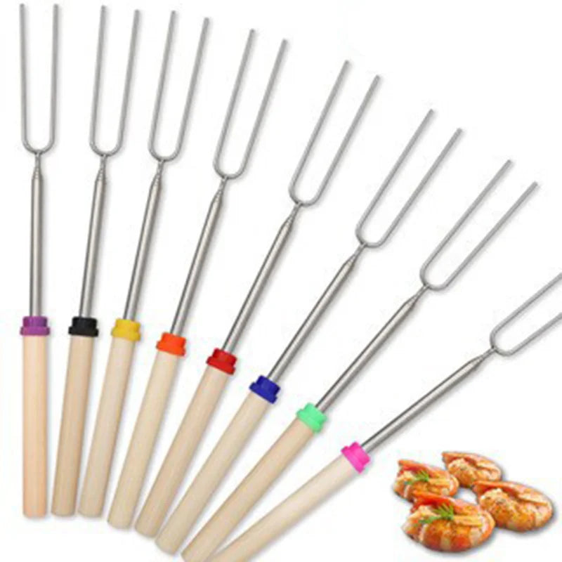 Telescopische Barbecue Vorken Set van 8 – RVS met Houten Handvat, Uitgeschoven Tot 81 cm voor Perfect Roosteren 0