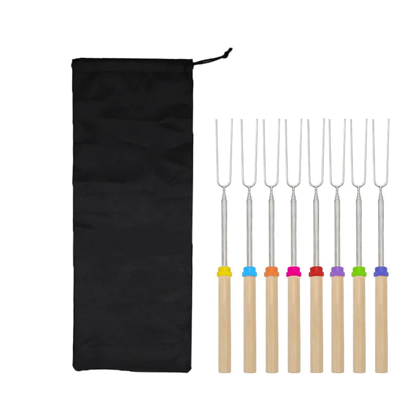 Telescopische Barbecue Vorken Set van 8 – RVS met Houten Handvat, Uitgeschoven Tot 81 cm voor Perfect Roosteren 3