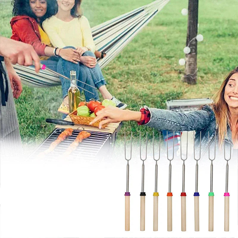 Telescopische Barbecue Vorken Set van 8 – RVS met Houten Handvat, Uitgeschoven Tot 81 cm voor Perfect Roosteren 4