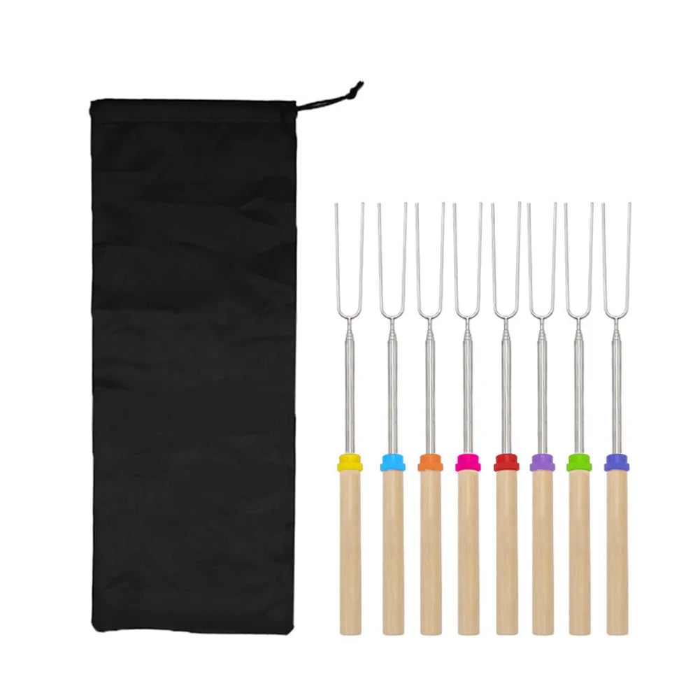 Telescopische Barbecue Vorken Set van 8 – RVS met Houten Handvat, Uitgeschoven Tot 81 cm voor Perfect Roosteren 6